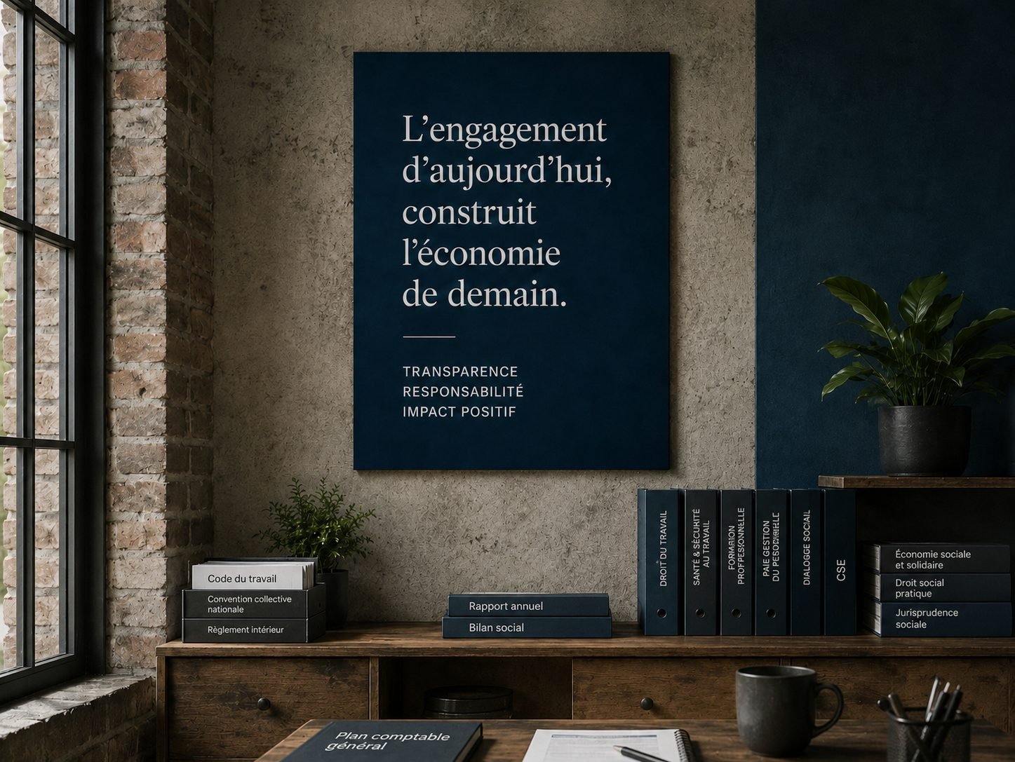 Bureau Konexcom avec ouvrages de droit du travail, code du travail et bilan social